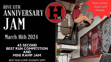 <span class='eventDate'>March 16, 2024</span><style>.eventDate {font-size:14px;color:rgb(150,150,150);font-weight:bold;}</style><br />Hive Skateshop&#039;s 11th Anniversary Jam
